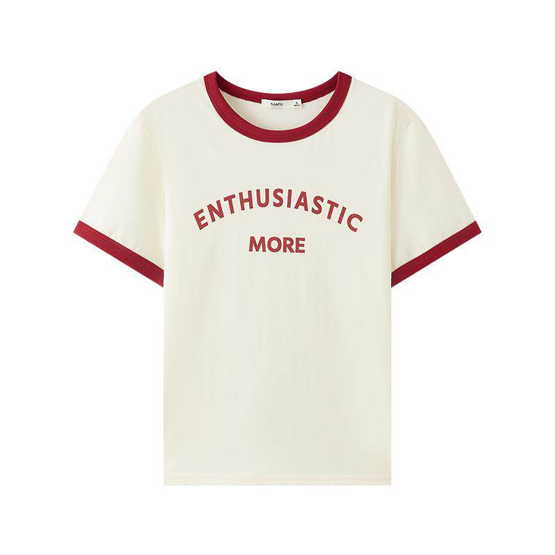 三福短袖T恤2026新款夏季简约休闲撞色圆领英文印花短款上衣女装