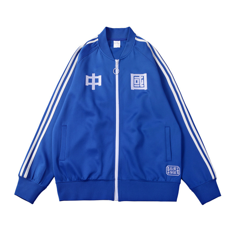 中国字样运动服侧条纹休闲外套潮牌情侣装秋冬款复古棒球服夹克男