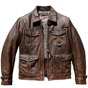 杰森斯坦森敢死队【擦色做旧很惊艳】孟加拉茶芯小牛皮衣