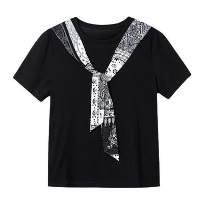 采多宝大码女装冰感棉绑带拼接针织T恤胖mm气质独特薄款圆领上衣