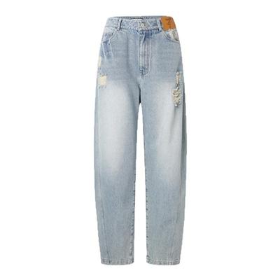 JAC FLEURANT2025春夏新款蓝色水洗磨破阔腿弯刀宽松女士牛仔裤