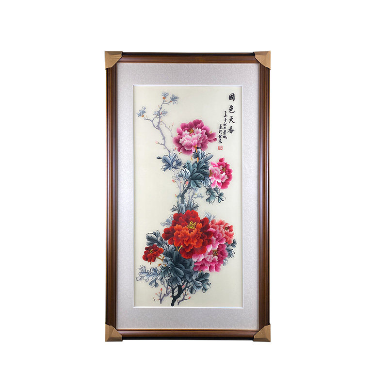 手工苏绣成品国色天香挂画竖版玄关过道走廊大幅牡丹花刺绣装饰画