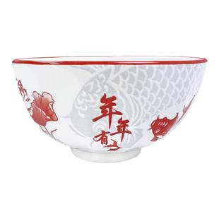 红色喜庆年年有鱼圆形饭碗中式复古青花瓷釉下彩盘子碗碟套装面碗