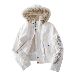 SREK大毛领双门襟拉链加厚加绒外套男女高领短款街头连帽修身棉服