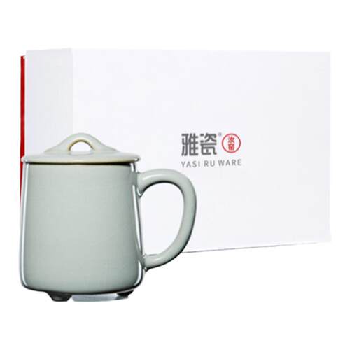 雅瓷汝窑修心杯带盖马克杯男生天青色冰裂开片陶瓷杯子办公室水杯