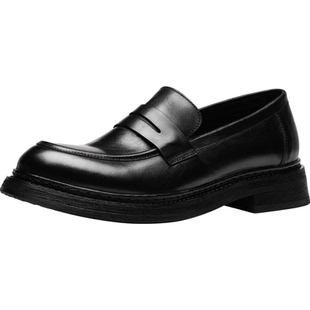 进口马皮休闲乐福鞋男真皮一脚蹬商务英伦厚底透气舒适懒人鞋黑色