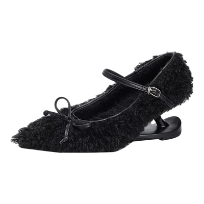 黑色一字带毛毛鞋女秋冬加绒