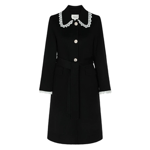 【菲妮尔Fairy】甜美花边拼接翻领黑色中长款大衣女双面毛呢外套