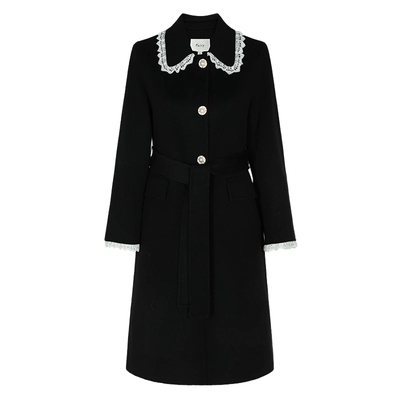 【菲妮尔Fairy】甜美花边拼接翻领黑色中长款大衣女双面毛呢外套