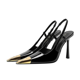 杨树林同款金属小方头性感后空时装凉鞋女黑色漆皮细跟铁头高跟鞋