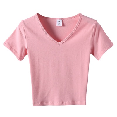 短款V领短袖t恤女夏季