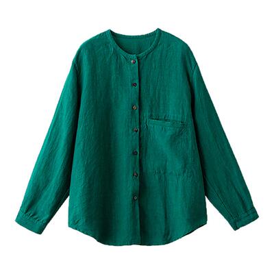 梭家｜刚好｜简约通勤亚麻长袖圆领衬衫春夏女森木绿宽松上衣百搭