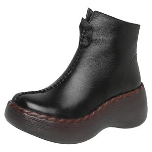 坡跟厚底真皮短靴2026秋冬新款女圆头原创牛皮拉链休闲鞋靴子皮鞋