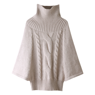 HAMYIHO 高领绞花针织衫蝙蝠袖斗篷毛衣春季女士小众宽松上衣灰色