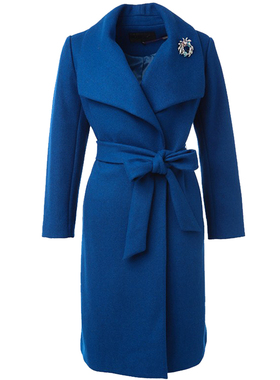 贝特如呢子大衣女新款冬装蓝色中长款毛呢外套气质中年女装