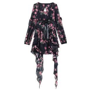 KEIKO 浪漫蔷薇碎花连衣裙2026夏季法式方领轻盈飘带显裙包臀短裙