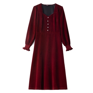 2024年冬装新款气质红色丝绒连衣裙大码胖MM显瘦收腰喜庆A字长裙