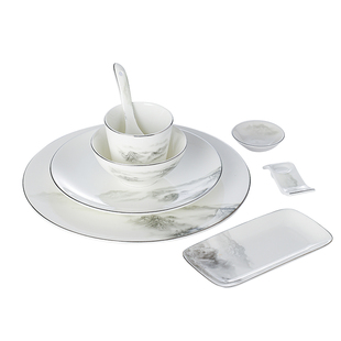 酒店摆台餐具套装山水新中式碗碟高档会所饭店台面轻奢陶瓷中国风