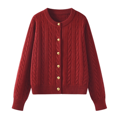 都市丽人红色毛衣外套女针织开衫