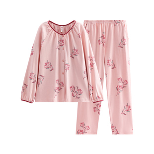 芬腾睡衣女春秋季纯棉长袖套装女款花卉休闲加大码全棉家居服秋天