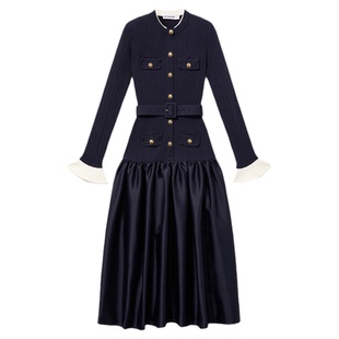 self-portrait 2025秋冬藏蓝色千金风针织塔夫绸年会连衣裙礼服