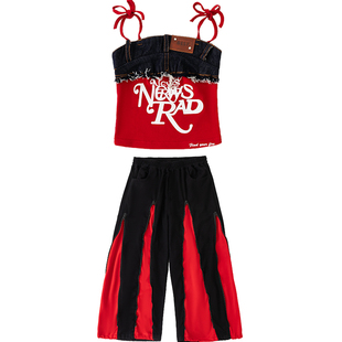 少儿爵士舞潮服女童洋气吊带阔腿裤jazz舞台走秀服街舞韩舞表演服