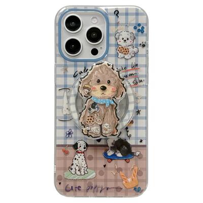 jze可爱格纹涂鸦小狗摇摇乐磁吸支架适用苹果15手机壳iphone16ProMax新款15promax女13双层16pro全包保护套14