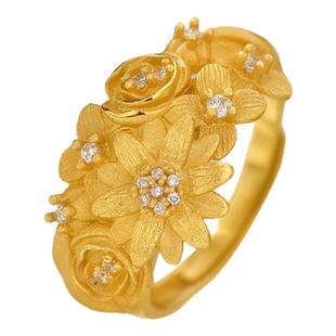 一路繁花锦簇戒指古法点钻镀黄金色轻奢百搭气质鎏金可调节指环