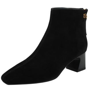 法式黑色粗跟短靴女2026春新款真皮方头显瘦百搭气质时装靴瘦瘦靴