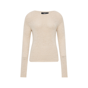 oneup带子纱圆领长袖针织衫女秋季薄款宽松慵懒高级感卡其色毛衣