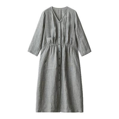 色织亚麻小细格收腰连衣裙