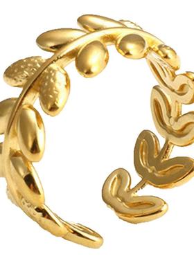 钛钢金色麦穗叶子开口戒指