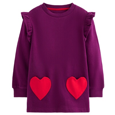 代购MiniBoden儿童运动衫 26春秋女童紫藤色心形口袋套头长款上衣