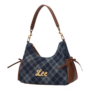 Lee秋冬女牛仔帆布云吞包大容量单肩hobo背包通勤上课格纹托特包c