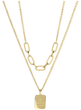 字母方牌吊坠项链新款双层叠戴