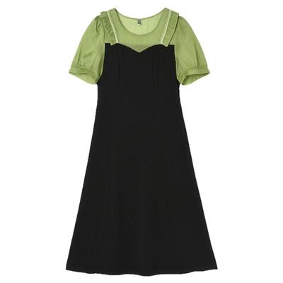 法式优雅拼色中裙连衣裙