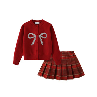sesameclub女童裙子套装红色秋冬儿童女孩jk短裙毛衣新年过年衣服