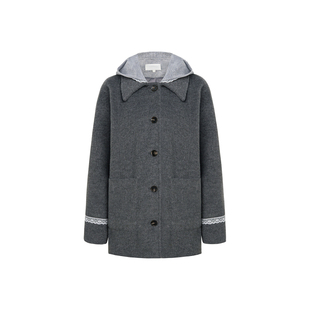 包洁仪同款Kroche 假两件拼接 连帽卫衣拼接羊毛混纺宽松毛呢外套