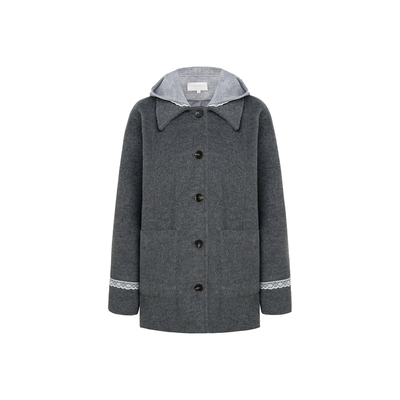 假两件卫衣拼接羊毛混纺毛呢外套