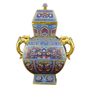 大清乾隆北京景泰蓝花瓶16寸双耳四方尊手工掐丝鎏金珐琅彩铜摆件