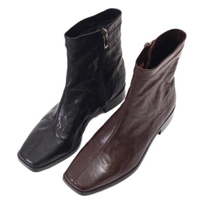 排角小方头平底羊皮百搭瘦瘦靴