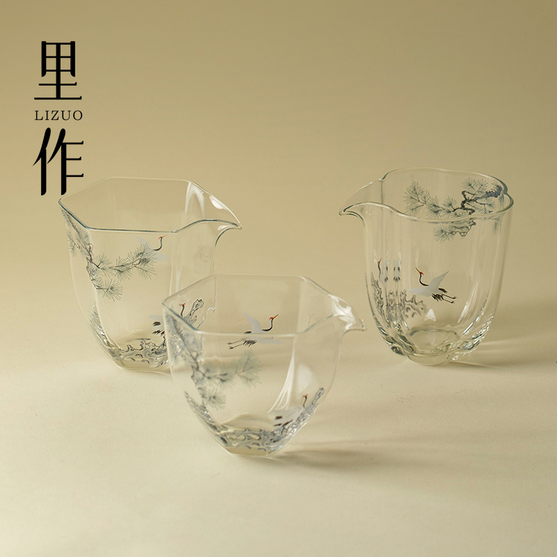 里作高档松鹤纹玻璃六角公道杯精致手工透明分茶器新中式耐热茶海