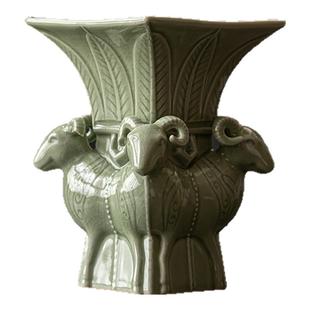 汝山明汝瓷摆件花瓶四羊方尊 大师手作创意客厅仿古摆件汝窑开片