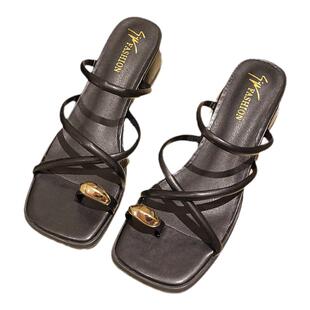 法式粗跟拖鞋女款夏季外穿2026新款时尚配裙子套趾凉拖鞋高跟鞋子