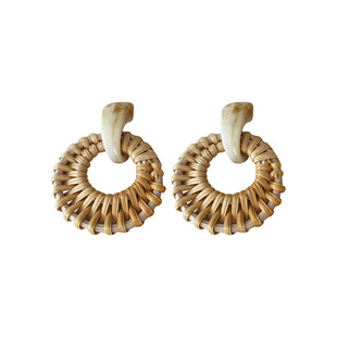 波西米亚风竹藤草编耳环女小众独特夸张耳钉度假风耳饰品耳圈耳坠