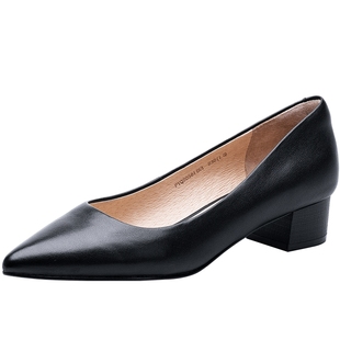 百田森真皮女鞋尖头工作鞋粗跟单鞋女中跟春天鞋子一脚蹬制服鞋