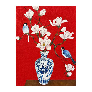 国风喜鹊玉兰花卉数字油画diy手工填充色丙烯中古风客厅摆件装饰