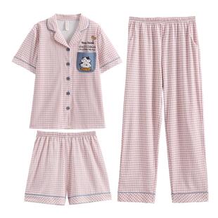 芬腾纯棉睡衣女款春夏季薄款短袖长裤空调服套装开衫少女士家居服