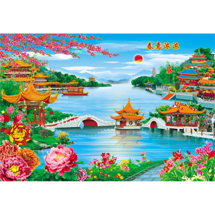 年画墙贴画山水图现代苏杭园林风景画亭台阁楼装饰画客厅墙画壁画