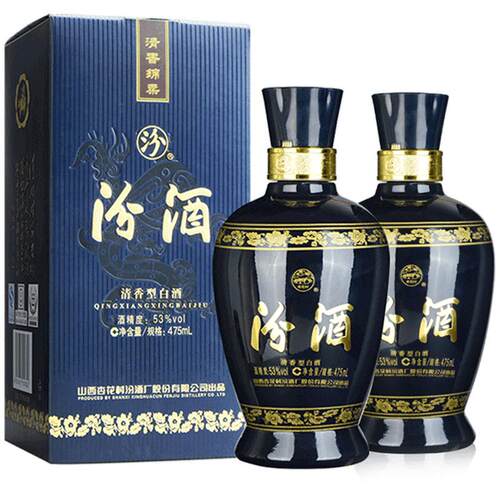 汾酒山西杏花村53度蓝汾475ml*2瓶高度清香型白酒粮食酒(送礼袋)
